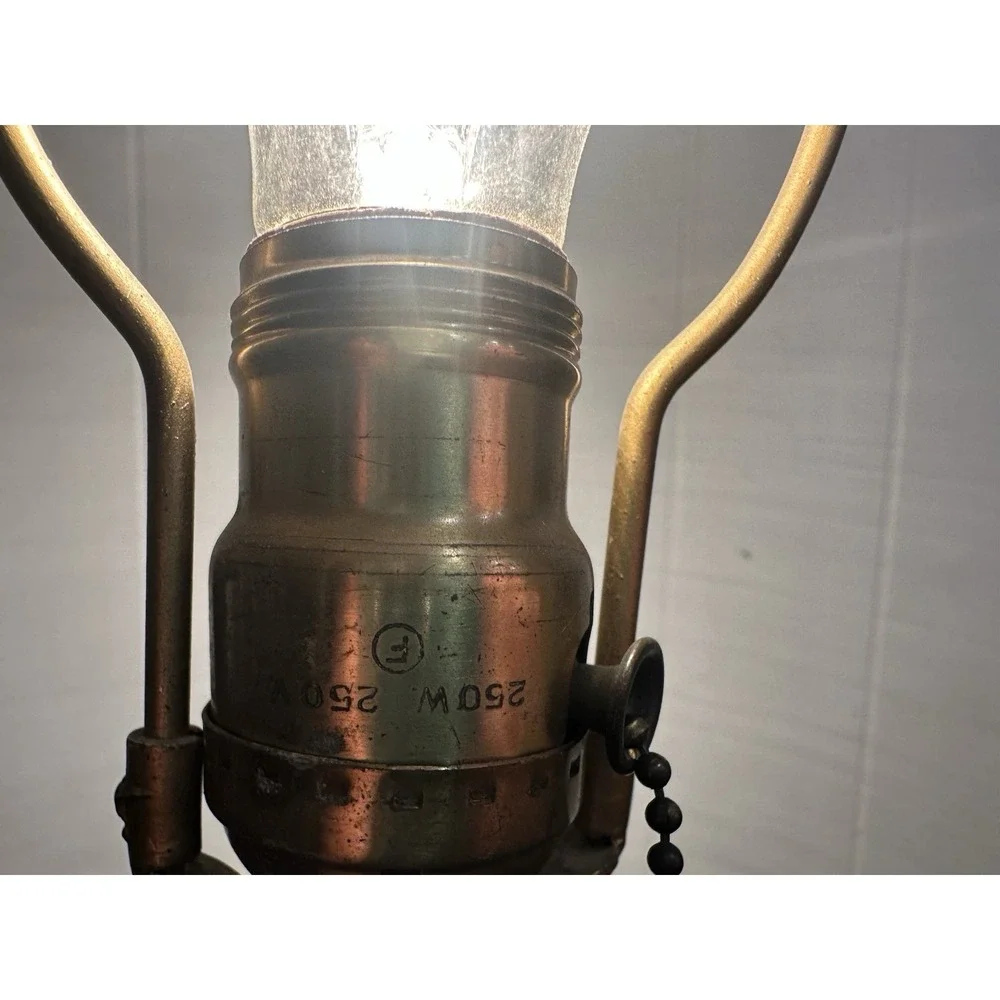Antique Reverse Painted Table Lamp Brass Scenic Shade‎ Pull Chain 14